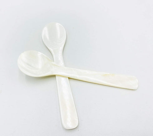 2 Pack 4.73inch Handcraft Mother of Pearl Caviar Spoons with Round Handle and Plastic Storage Box - White, Style D