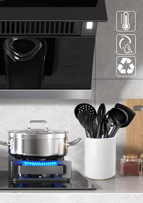 Nucookery 6.4" Ceramic Utensil Holder - Kitchen Decor with Countertop-Protection Cork Bottom (White)