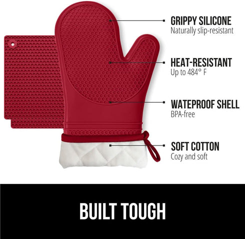 Gorilla Grip Heat and Slip Resistant 4 Piece Silicone Oven Mitt and Trivets Set, Waterproof, Cotton Lined Gloves, BPA-Free, Long Cooking Mitts and Trivet Mats, Kitchen Potholder Sets for Pans, Red by Gorilla Grip
