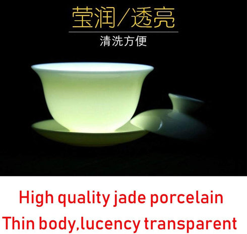 Gaiwan White Glaze Porcelain Teacup, Kung Fu Tea Service Set for Home Office Decoration (100ml)