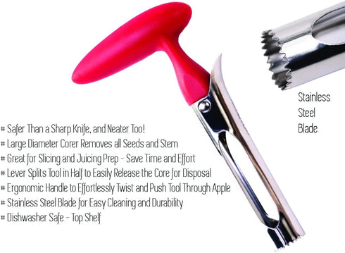 Apple Corer + Pineapple Tool + Herb Kale Stripper by BRIGHT KITCHEN, Stainless Steel Lever Tool with Cherry Red Grip