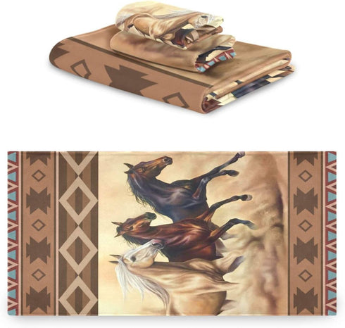 PATINISA Set 3,Azetc Set 1 Towel,1 Towel,1 Boho Bath Towels of Ethnic Style Western Horse,Decoractive Bathroom Towels