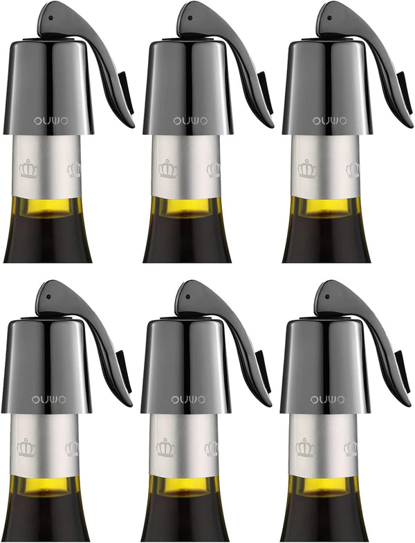 Stainless Steel Wine Bottle Stoppers - 6 Pack Plugs with Silicone Toppers, Leak-Proof, Keeps Wine Fresh Accessories