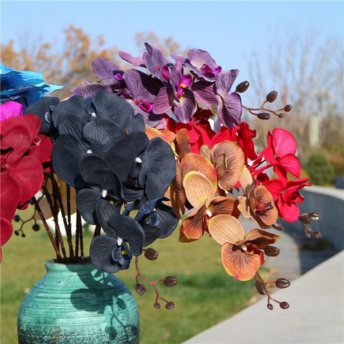 Rikyo 8 Heads Faux Black Orchid, 40" Bouquets 2 Stem Phalaenopsis Fake Flowers for Home Decoration, Office Decor,