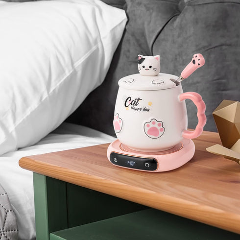 Bgbg Coffee Mug Warmer & Cute Cat Mug Set, Beverage Cup Warmer for Desk with Three Temperature Settings