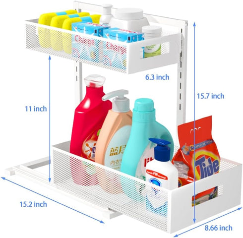 Adjustable Height Under Sink Organizer, 2 Tier Bathroom Storage, Pull Out Cabinet Organizer, White, XL - 1 Pack