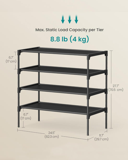 4-Tier 11.7 24.5 27.7 Inches, ULSH024BH01 SONGMICS Shoe Rack, Shoe Storage Organizer, Space-Saving, x x Entryway, Metal