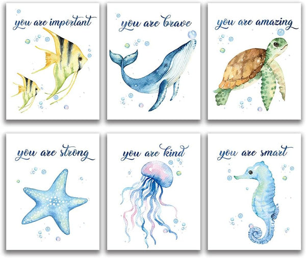 Sea Marine Life Art Print Set of 4 (8”X10”), Inspirational Watercolor Nursery Wall Posters for Kids Room Decor