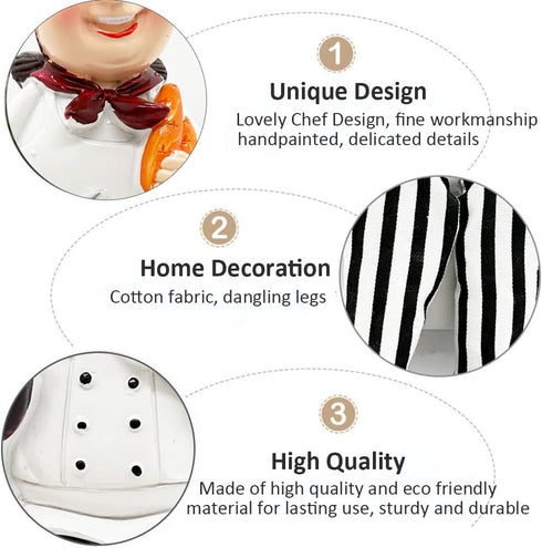 Set of 2 Home Kitchen Decor Chef Figurines, Bread & Wine Shelf Sitters for Kitchen Shelves and Countertop Display