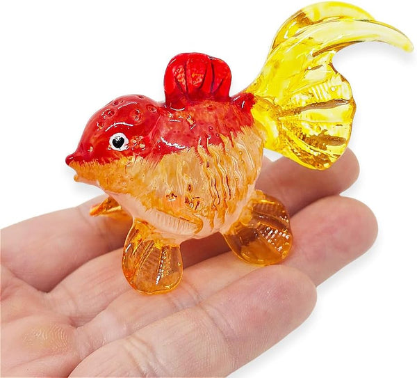 Tiny 2½" Red Orange Oranda Goldfish - Miniature Hand Blown Glass Ryukin Ranchu Fantail Collectible Figurines