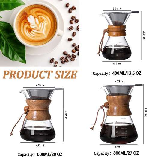 Pour Over Coffee Maker with Reusable Stainless Steel Drip Filter, Lead-Free Borosilicate Glass Coffee Carafe with Modern Wooden Collar for 1-2Cup, Circular Clear (400ml/13.5oz) by COFISUKI