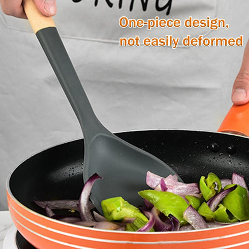 Wok Spatula, Silicone Turner with Heat Resistant Wooden Handle, Kitchen Utensil for Scooping, Flipping, Stirring