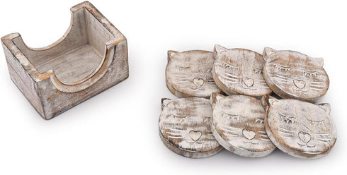 NIRMAN Wooden Crafted Unique Cat Shaped Coasters Set of 6 with Holder for Bar Dining Table Home Décor