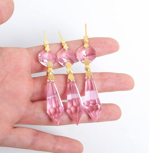 20pcs Pink Crystals Prisms Glass Tip Beads Replacement Chandelier Icicle Drop Pendants Octagon Crystal Beads Gold Pins