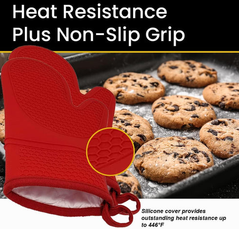 Red Oven Mitts Heat Resistant Silicone, Non-Slip, Flexible, Durable, Cotton Lining, Easy Clean, Pair of 2 for Cooking,