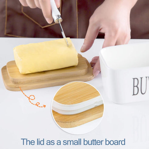 Hasense Porcelain Butter Dish, Bamboo Lid Covered Container for Countertop, Airtight Butter Keeper with Knife