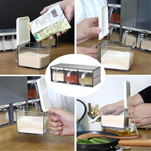 MARWENSED 3 (3 Salt Container With Lid And Spoon, Clear Seasoning Rack Spice Pots, Piece Seasoning Box For Home Kitchen