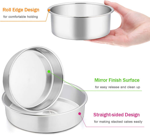 E-far Cake Pan Set of 3 (4 inch/6 inch/8 inch), Stainless Steel Round Layer Baking Pans for Tier Smash Cakes