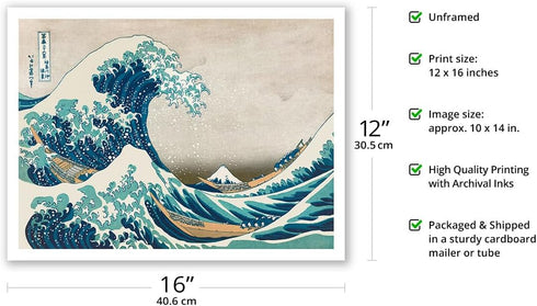 The Great Wave off Kanagawa Vintage Japanese Woodblock Print by Hokusai, 12x16in Bamboo Fine Art Paper