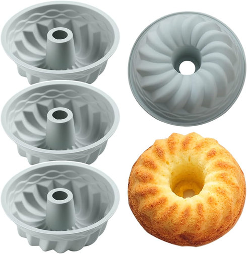 6.4 Inches Novelty Round Baking Cake Pans, Non-Stick Silicone Fluted Tube Pans Set, 4 Pieces