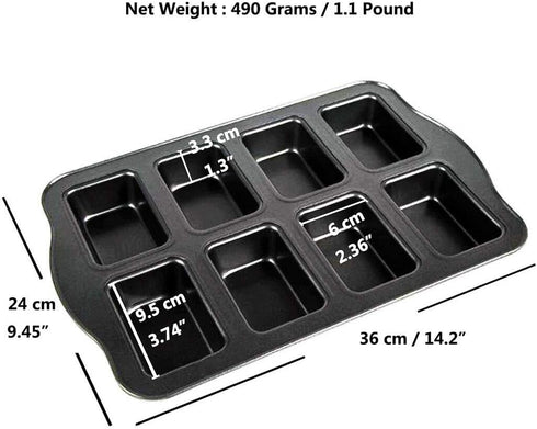 Non-Stick Mini Loaf Pan Cake Bread Baking Tray, 8-Cavity Carbon Steel Bakeware (Gray)