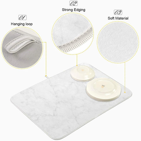 White Marble Dish Drying Mat, Easy Clean Dishwasher Safe Heat Resistant Eco-Friendly Countertop Mat, 18 x 24 inches
