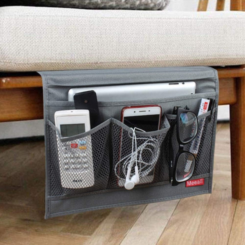 Bedside Storage Organizer with Pockets, Caddy for TV Remote Control, Phones, Magazines, Tablets, Grey
