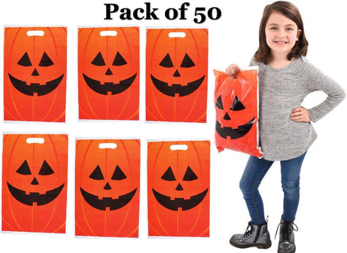 GiftExpress 50-Pack Jack O Lantern Trick or Treat Goody Bags - 11" x 17", Durable Plastic Halloween Party Favors