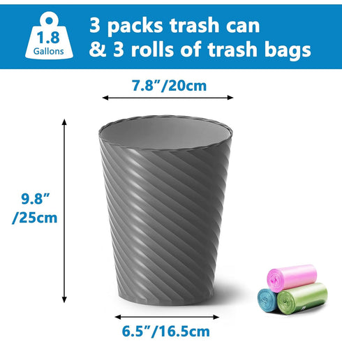 Lysam 3 Pack 1.8 Bathroom Trash Can, Gallons Small Trash Can with Trash Bags, Bathroom Garbage Can, Plastic Trash Bin