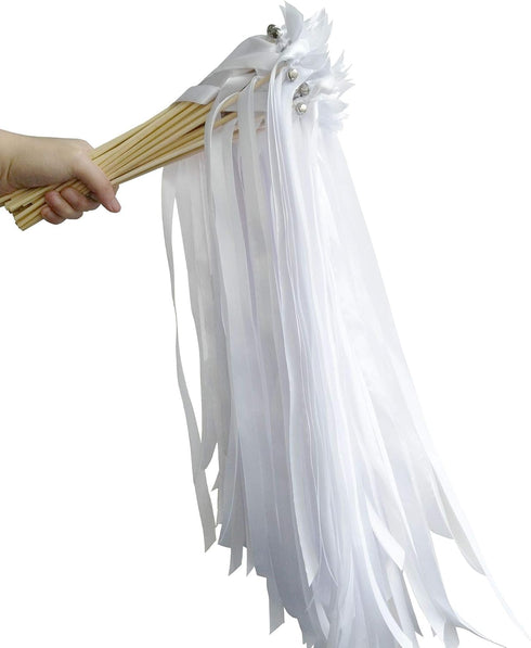 50PCS Ribbon Wands with Triple Ribbon and Silver Bell, Party Favors, Magic Fairy Wands for Wedding Decor