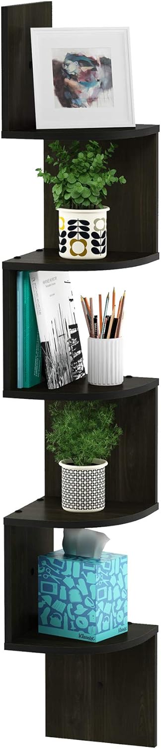 5-Tier Furinno ROSSI Floating Book Shelves for Wall, Zigzag Corner Shelf Wall Mounted, Radial Corner Floating Shelf