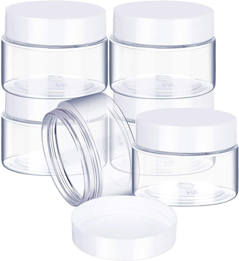 6 Pack 2 oz Plastic Pot Jars, Round Clear Leak Proof Cosmetic Container Jars with White Lids for Travel Storage