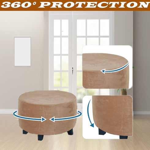 GAMUKAI Round Ottoman Slipcover Stretchable Footstool Cover with Elastic Bottom | Plush Velvet Fabric | Fits Storage