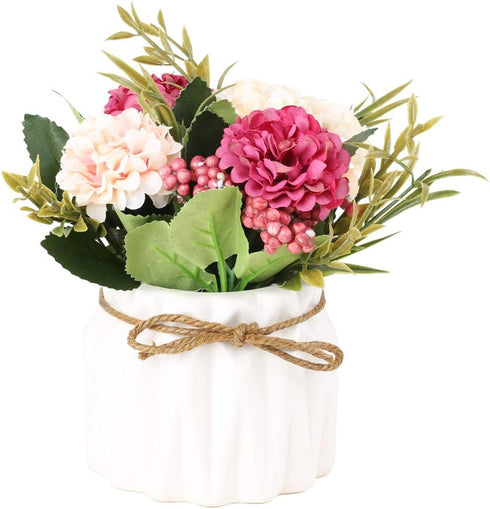 Artificial Hydrangea Bouquet with Small Ceramic Vase, Fake Silk Flowers Decoration for Home Party Wedding