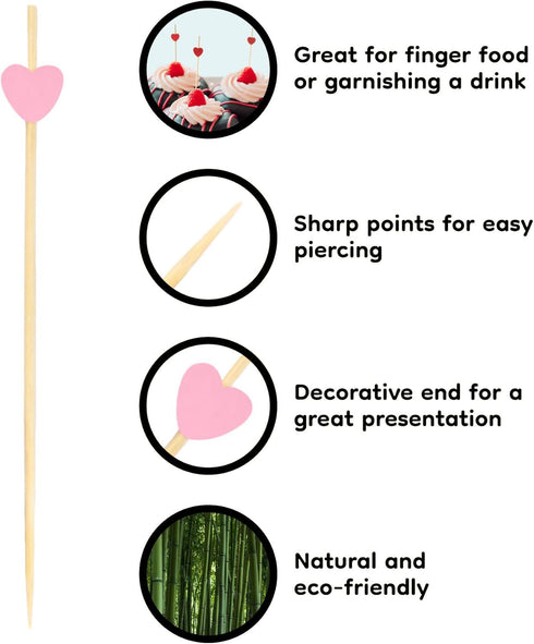 BambooMN 7.1 Inch Pink Heart Bamboo Food and Drink Pick Skewers – 100 Pieces for Catered Events
