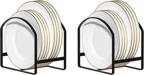 LINFIDITE 2 Pack Plate Holder Organizer, Large Dish Storage Rack for Cupboard and Countertop, Non-Slip & Rustproof Black