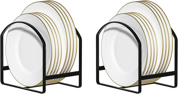 LINFIDITE 2 Pack Plate Holder Organizer, Large Dish Storage Rack for Cupboard and Countertop, Non-Slip & Rustproof Black