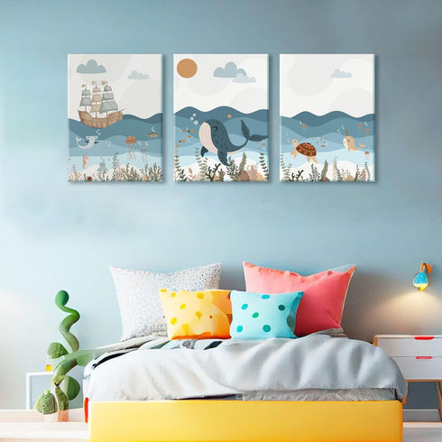 LYPHNX Set 3 12"x16" Framed Blue Ocean Nautical Nursery Canvas Wall Art Sea Turtle Whale Animal Painting Picture