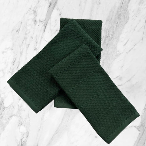 Textured Dark Green Kitchen Dish Towels, 100% Cotton Cloth, Soft Absorbent Terry Ribbed Loop: Set of 3 for Everyday Use