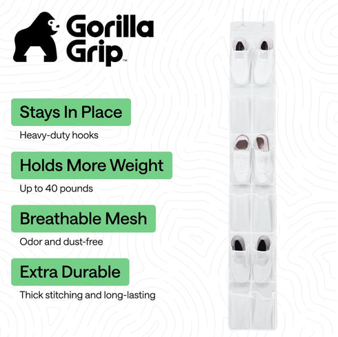 12 2 Closet Closets 64H 9.5W GORILLA GRIP Over the Door Shoe Organizer, Large Breathable Mesh Pockets, Space Saving