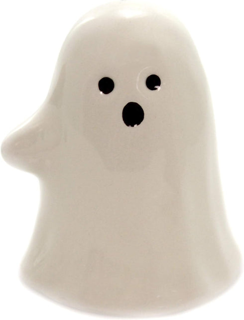 Fine Ceramic Cute Halloween Casper Costume Salt & Pepper Shakers Set with Pumpkin Wagon, 3-1/4" H