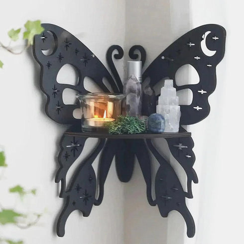 TANG SONG Butterfly Moon Star Bohemian Style Wooden Corner Shelf Decorative Shelf Floating Wall Mounted Crystal Shelf