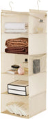 MAX Houser 5 Shelf Hanging Closet Organizer, Foldable Cloth Shelves with 4 Side Pockets, Space Saver - Beige