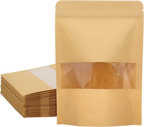 Blisstime 50 Pack Kraft Stand Up Zip Lock Pouch Bags, Resealable with Transparent Window for Storage