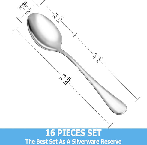 Dinner Spoon Set, 16 Pcs 7.3" Tablespoons, Premium Food Grade 18/10 Stainless Steel, Durable Metal Spoons, Mirror