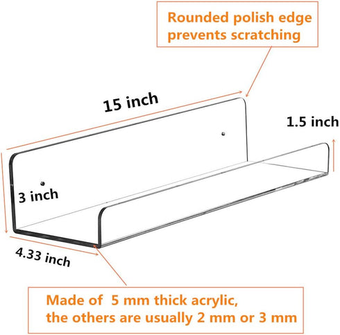 5 MM Rack,15 Inch,Set 4 CY craft Clear Acrylic Floating Shelves Display Ledge, Thick Wall Mounted Storage Shelf