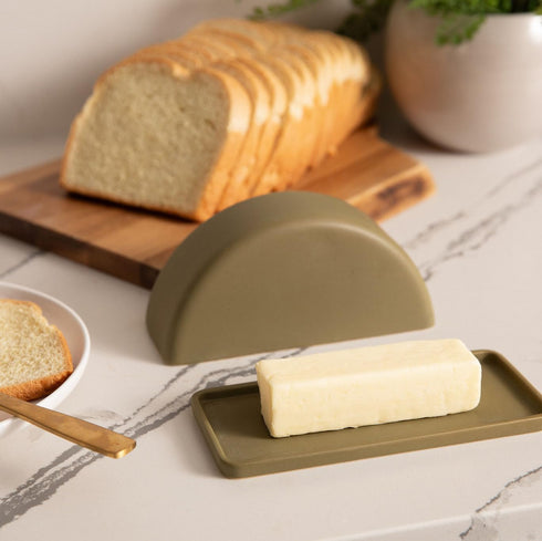 PTB Countertop 2-Piece THE Butter Dish Matte Ceramic Butter Keeper with Lid for Use Round Design for Standard Butter