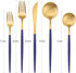 Matte Gold Silverware Set with blue handle, Bysta 5-Piece Stainless Steel Flatware Set, Kitchen Utensil Set Service for 1, Tableware Cutlery Set for Home and Restaurant, Satin Finish, Dishwasher Safe by Bysta