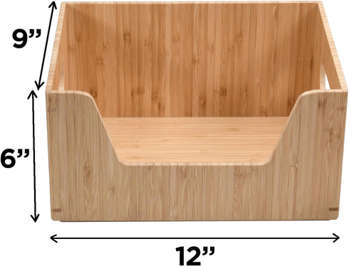 MobileVision Bamboo Storage Box, Open Front Stackable Bin Organizer for Kitchen Pantries, 12 x 9 x 6 inches