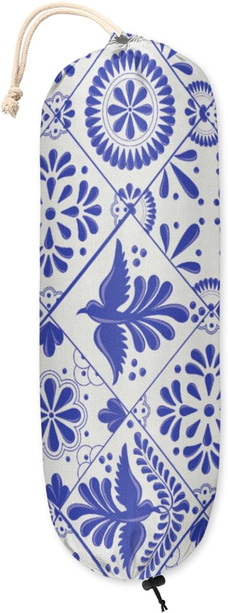 Mexican Talavera Bird Mandala Boho Plastic Bag Holder, Wall Mount Grocery Bag Dispenser for Home Decor